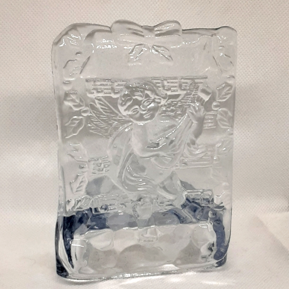 Christmas Candle Holder Angel With Mandolin Heavy Glass or Crystal Holiday Decor